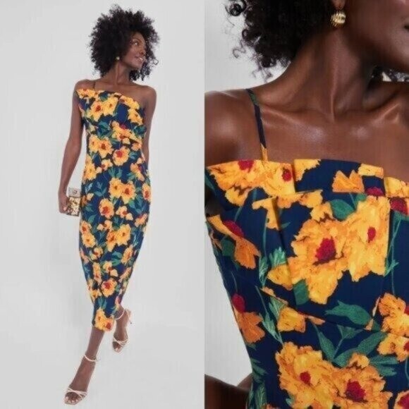 Hyacinth House NEW Navy & Marigold Floral Ruffle Margot Maxi Dress Size L